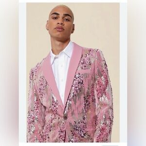 Boohoo Men’s Pink Velvet Sequins Blazer Suit Jacket size 38 Prom Formal